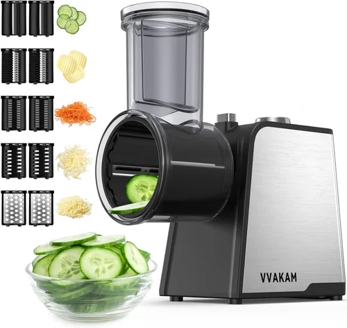Rallador Eléctrico de Queso, Fabricante de Ensaladas con Motor DC de 300W, Rebanadora Trituradora Eléctrica con 5 Formas Diferentes de Cuchillas,