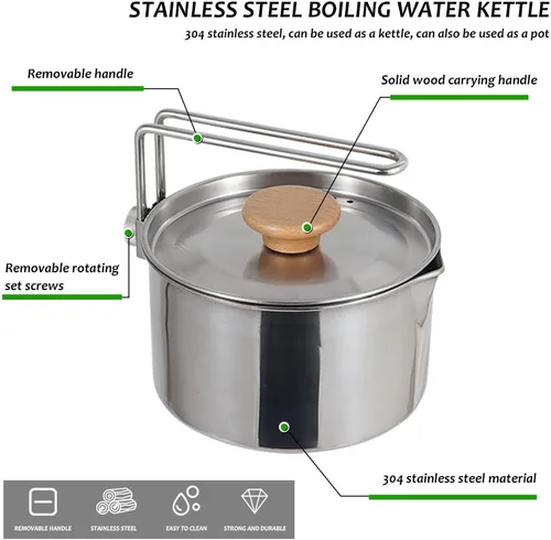 Miniatura 2 de Olla de camping de acero inoxidable con tapa y mango extraíble, hervidor de agua ligera para acampar al aire libre, fácil de limpiar, olla