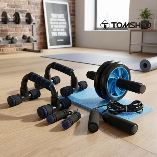 Miniatura 8 de TOMSHOO - Kit de rodillos de rueda AB con barra de empuje, alfombrilla para rodillas, cuerda de saltar y agarre de mano - Entrenamiento de gimnasio