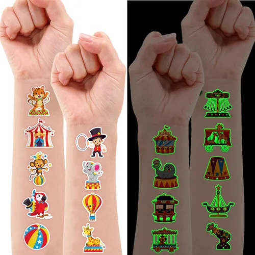 Miniatura 2 de 96 piezas de tatuajes temporales que brillan en la oscuridad para niños, tatuajes falsos de animales de payaso de circo de carnaval, calcomanías