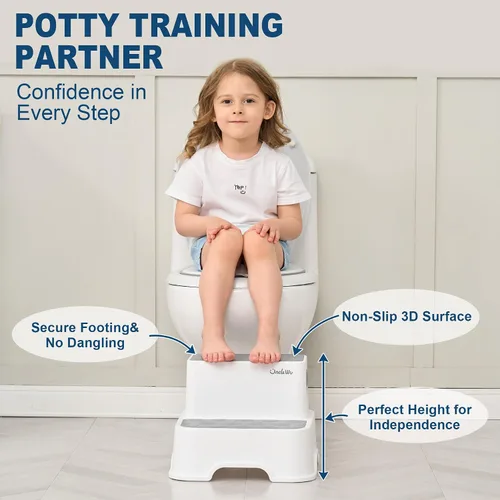 Miniatura 4 de Paquete de 2 taburetes para niños, taburete antideslizante para lavabo de baño y entrenamiento para ir al baño, resistente de 200 libras, incluye