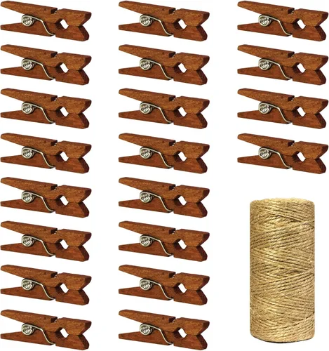 Miniatura 8 de Mini pinzas de madera con cordel de yute, 250 piezas, pinzas de papel fotográfico de 1 pulgada con cordel natural de 66 pies para álbumes