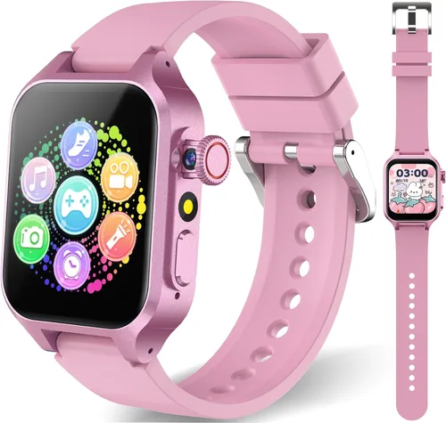 Reloj inteligente de juegos para niños con 32 juegos, cámara telescópica, podómetro, alarma, video, música, audiolibro, tarjeta de aprendizaje, Rosa