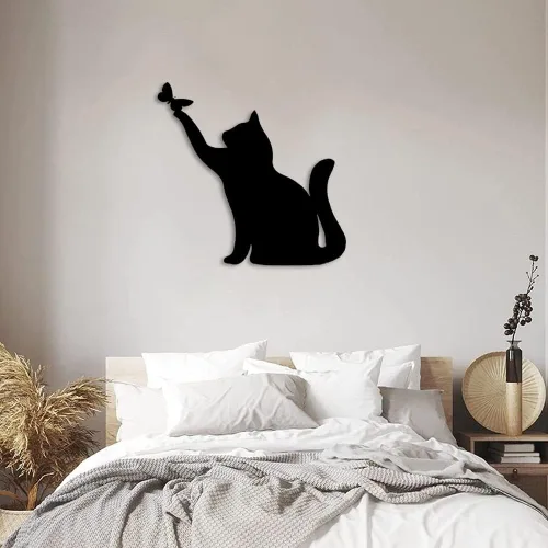 Miniatura 3 de JILIP Letrero de arte de silueta de gato de metal, escultura de pared colgante negra, placa de decoración de pared de animales de metal, decoración