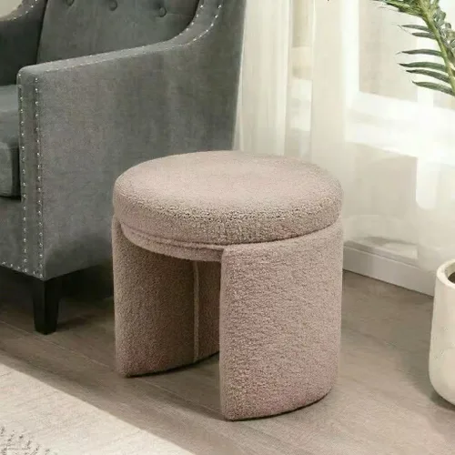 Miniatura 10 de Boucle - Taburete otomano redondo, de sherpa, pequeño y moderno reposapiés tapizado para maquillaje, sala de estar, entrada, dormitorio, beige