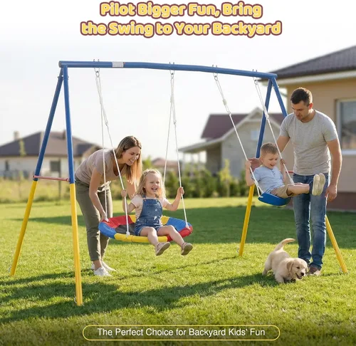 Miniatura 5 de DECORLIFE Juegos de columpios para patio trasero, 700 libras de metal resistente con marco en A para exteriores con columpio de platillo de 32