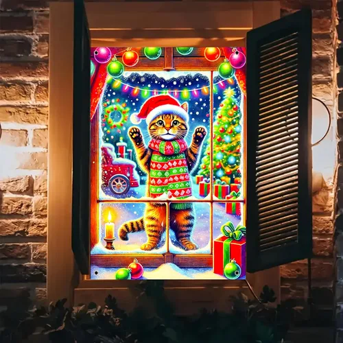 Miniatura 9 de BlissYard Cubierta de ventana de Navidad de 31 x 47 pulgadas, Papá Noel y reno, escena de nieve de invierno, decoración de vacaciones, fondo festivo