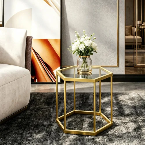 Miniatura 6 de Mesa auxiliar modular hexagonal, marco chapado en oro, parte superior de vidrio templado, mesa auxiliar geométrica, mesa anidable multiusos