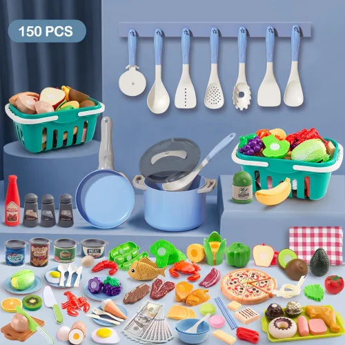Miniatura 2 de Juego de cocina de 150 piezas, accesorios de cocina para niños pequeños, alimentos, manta de picnic, frutas, verduras, paquete de 2 cestas de Azul