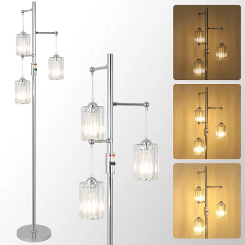 Lámpara de pie moderna de cristal para sala de estar, lámpara de pie regulable de 3 luces, lámpara de árbol industrial plateada con pantalla de