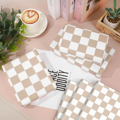 Miniatura 5 de Whaline 100 hojas de papel de seda a cuadros, papel de regalo de tablero de ajedrez beige y blanco, papel decorativo para cumpleaños, baby shower