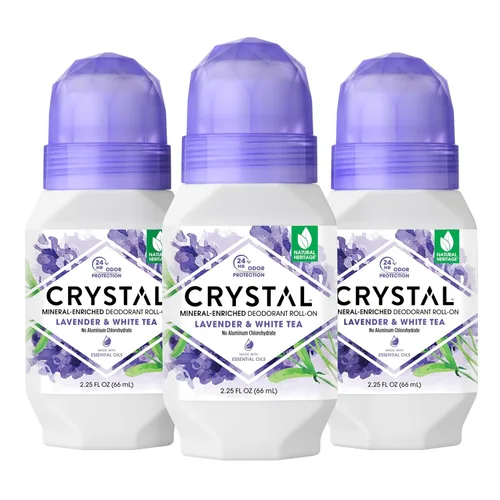 CRYSTAL - Desodorante mineral sin aluminio, roll-on para mujeres y hombres, lavanda y té blanco, sin parabenos, certificado libre de crueldad animal