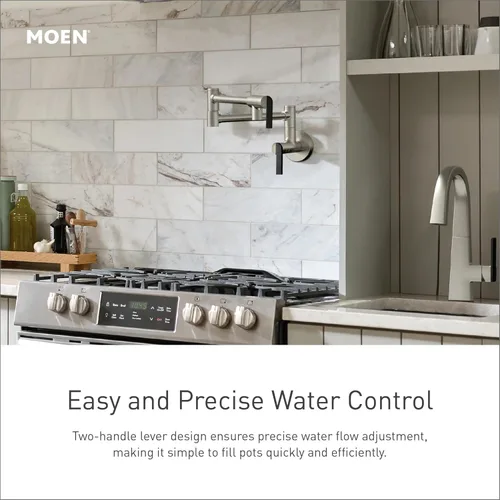 Miniatura 5 de Moen Grifo de cocina de doble junta montada en pared con brazo oscilante plegable de oro cepillado, S664BG