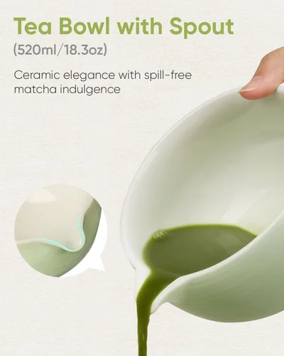 Miniatura 2 de Joiish Juego de batidor matcha, kit de 5 piezas, tazón de cerámica con asa y soporte, batidor de bambú, tamiz, cuchara, herramientas tradicionales