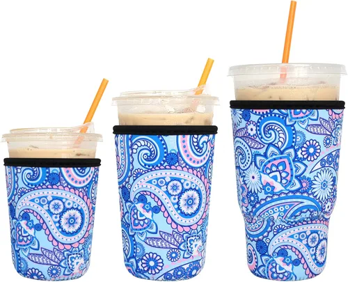 Miniatura 8 de Paquete de 3 fundas reutilizables para café helado - Xumbtvs funda aislante para bebidas frías, soporte de taza de café de neopreno (negro)