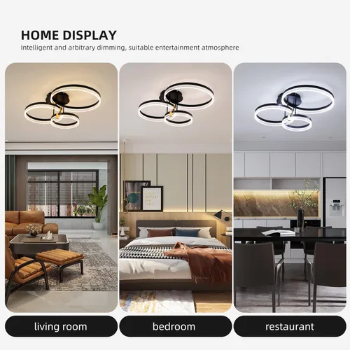 Miniatura 5 de Lámpara de techo moderna, 3 anillos LED negros cerca del techo, lámpara de techo acrílica regulable de 56 W, lámpara de techo para sala de estar