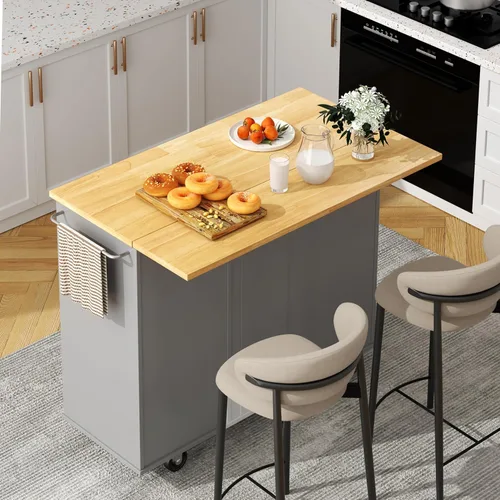 Miniatura 8 de Shintenchi Isla de cocina con hoja plegable, mesa de isla enrollable con almacenamiento, armario de cocina con ruedas con área de asiento para Blanco