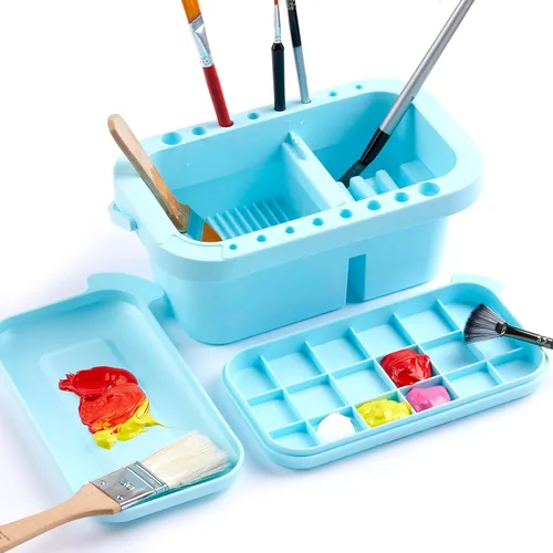 SEVENY Limpiador de pinceles, soporte y organizadores con paleta, bandejas y enjuague para acrílico, acuarela y pinturas a base de agua (azul)