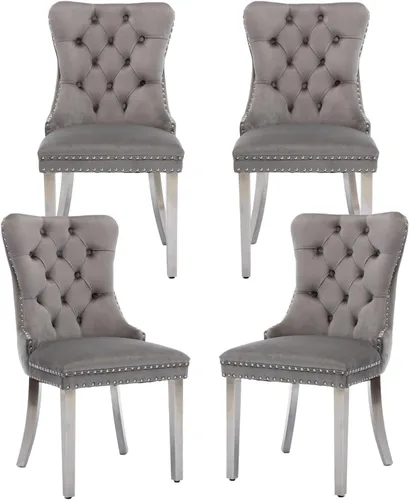 Miniatura 52 de Juego de 2 sillas de comedor, sillas de comedor tapizadas con tirador de anillo trasero, ribete de cabeza de clavo y patas de acero inoxidable Gris