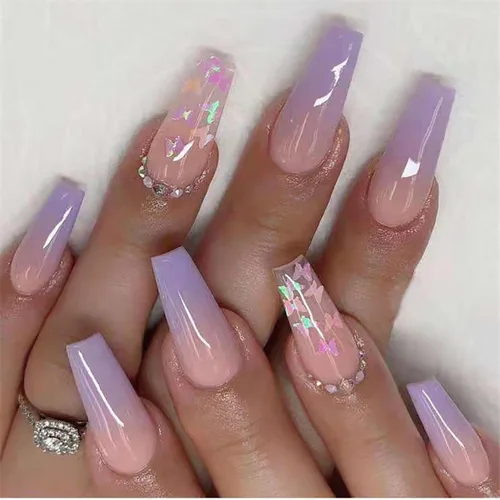 Miniatura 9 de 24 uñas postizas cuadradas de color negro brillante, de cobertura completa, con diseños de notas musicales, uñas postizas acrílicas con pegamento