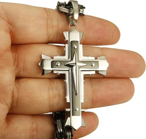 Miniatura 6 de LOLIAS Collar con colgante de cruz de acero inoxidable de 0197in para hombre cadena bizantina de 22 a 30 pulgadas