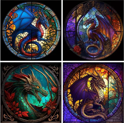 RYMILIE Kits de Pintura de Diamantes para Adultos - Paquete de 4 Dragón Kits de Arte de Diamantes 5D DIY Taladro Completo Pinturas de Puntos de