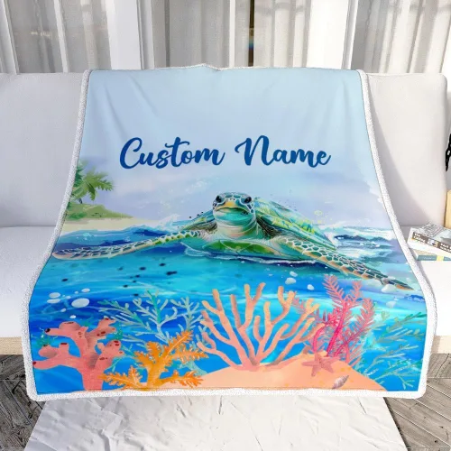 Miniatura 2 de Manta personalizada con nombre de tortuga para bebé, niño, niña, mar, recién nacido, hijo, hija, nieta, sobrina, cumpleaños, Navidad, manta de forro
