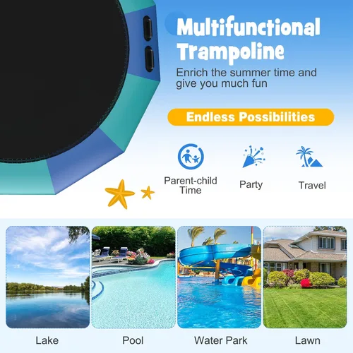 Miniatura 7 de Giantex Trampolín acuático inflable de 10 pies, 12 pies y 15 pies, trampolín flotante con soplador de 500 W y escalera de cuerda de 3 escalones