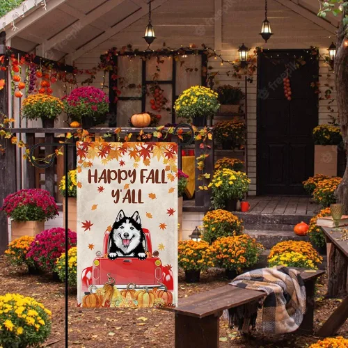 Miniatura 4 de Bandera con texto en inglés «Happy Fall Y'all» con diseño de perro inteligente con calabaza en camión rojo y hojas de arce, pancarta de otoño