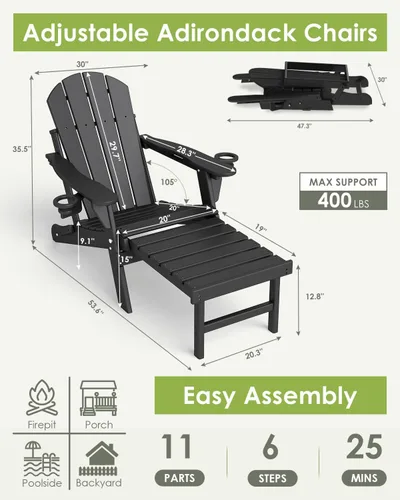 Miniatura 3 de GREENVINES Silla Adirondack ajustable con otomana retráctil, juego de 2 Plegable Plástico de polietileno de alta densidad Sillas para hoguera