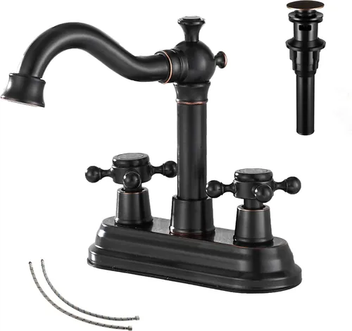 Miniatura 10 de Grifo de baño negro mate con 2 asas de 4 pulgadas, juego central de tocador de baño negro con montaje de drenaje y manguera de suministro grifo