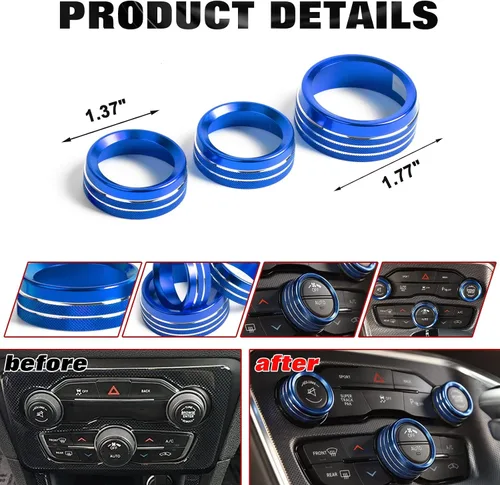 Miniatura 3 de Xotic Tech - 3 piezas de aluminio azul CA para interruptor de volumen de radio climática de control de botón de control compatible con Dodge Charger