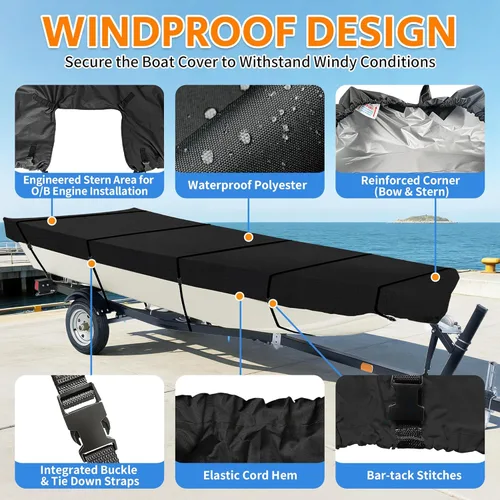 Miniatura 2 de iCOVER Cubierta para lancha Jon de 12 pies, cubierta impermeable de poliéster de grado marino resistente a los rayos UV, cubierta de amarre Negro