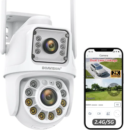 Miniatura 9 de BOAVISION Paquete de 2 cámaras de seguridad WiFi 2.4G/5G para exteriores, PTZ inalámbrica de lente dual, vista de 360°, seguimiento humano con IA