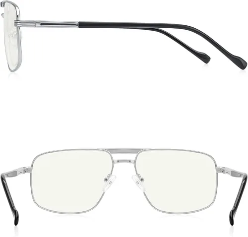 Miniatura 3 de Gafas de lectura para hombre, cuadrado, doble puente, bloqueo de luz azul, para lectura de computadora Plateado