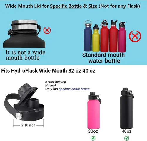 Miniatura 4 de Tapa de boquilla para botella de agua de boca ancha Hydro Flask. Se adapta a 12, 16, 18, 20, 32, 40 onzas, tapa de pico con mango flexible, repuesto