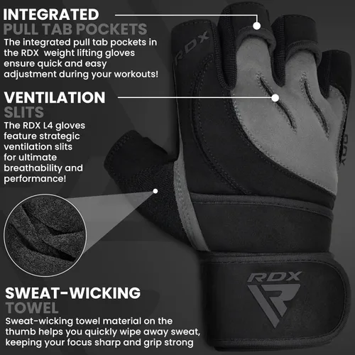 Miniatura 4 de Guantes de levantamiento de peso RDX con soporte para muñeca, correas de muñeca de 50 CM de largo, palma acolchada antideslizante, agarre Gris