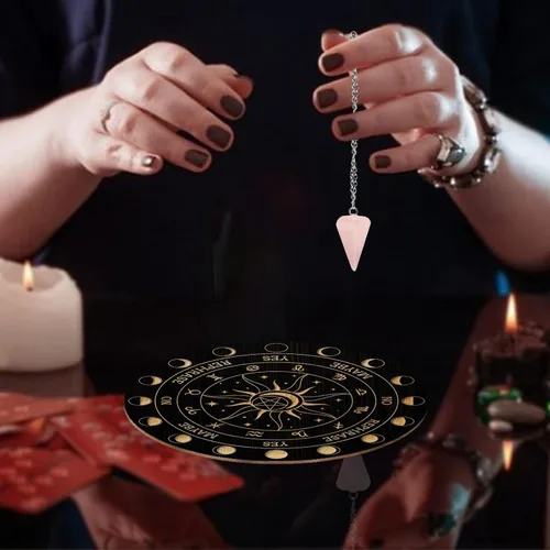 Miniatura 5 de AHANDMAKER Juego de tablero de péndulo, tablero de adivinación de madera para radiestesia, tablero de mensajes metafísicos con collar de péndulo