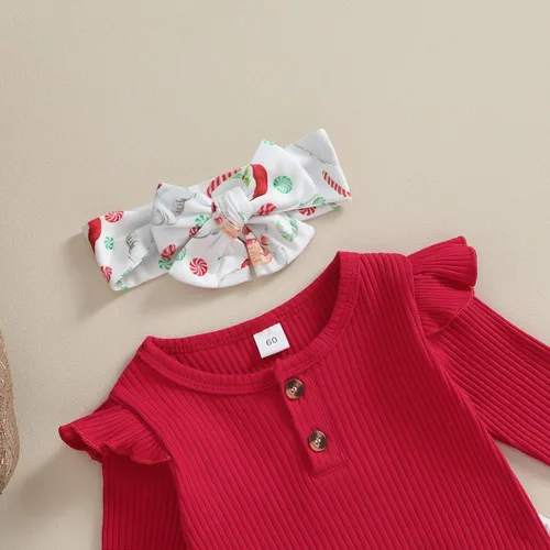 Miniatura 4 de Kuriozud Conjunto de mameluco con volantes para bebé recién nacida, con volantes, lindo conjunto de pantalones acampanados con diadema