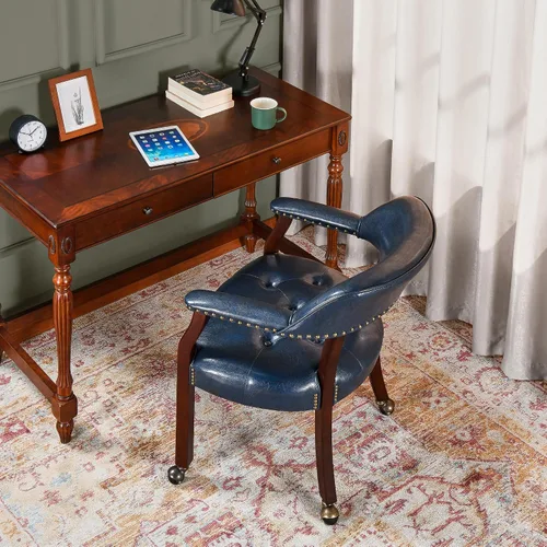 Miniatura 6 de Sillas de comedor con ruedas y brazo, sillas de capitán Caster Boss con patas de madera maciza, sillas de escritorio de oficina con botón tapizado