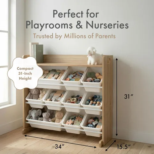 Miniatura 2 de Humble Crew Organizador de almacenamiento de juguetes con estante superior y 9 contenedores extraíbles, natural/blanco, estantería para niños Madera