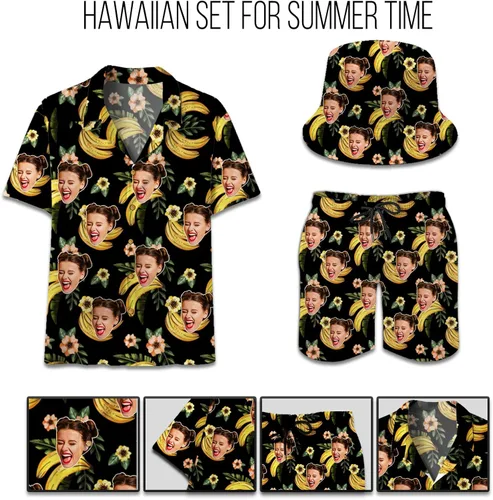 Miniatura 3 de The Mighty Myth Personalized Custom Face Tropical Unisex Hawaiian Shirt and Shorts Set with Bucket Hat S-5XL