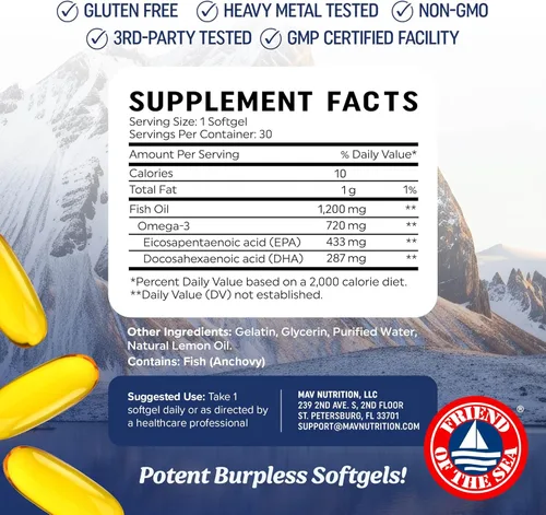 Miniatura 5 de Aceite de pescado Omega 3 Triple Strength 1200 mg EPA y DHA Ácidos grasos omega-3 capturados en la naturaleza y de origen sostenible
