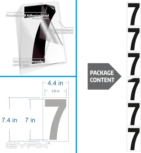 Miniatura 6 de iSYFIX Calcomanías de vinilo negro con el número 7 (siete), paquete de 6 calcomanías autoadhesivas de 7 pulgadas, calcomanías troqueladas y Negro