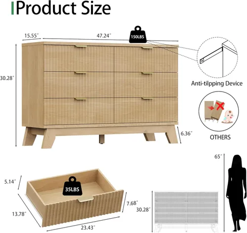 Miniatura 2 de Xixini - Cómoda moderna de madera acanalada para dormitorio, sala estar, pasillo o armario, para organizar y almacenar ropa o soporte de TV, 6 Roble