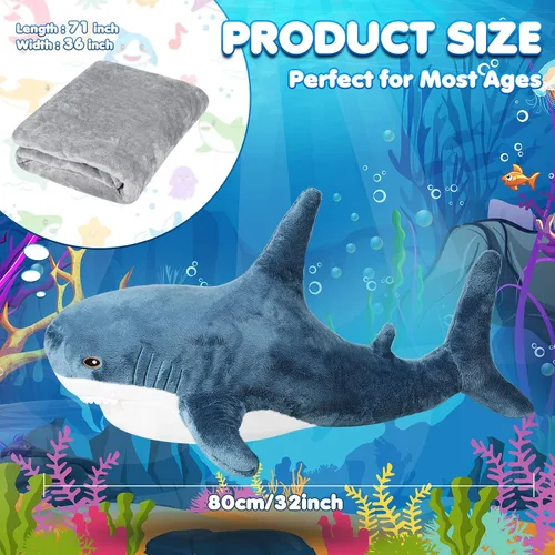 Miniatura 2 de HyDren Juguete de peluche 2 en 1 de tiburón con manta de 32 pulgadas, manta de almohada de peluche gigante grande y grande, muñeca suave para bebés