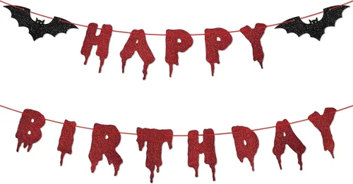 Cartel rojo brillante de Halloween de Feliz Cumpleaños – Guirnalda de papel colgante de Halloween Banderines Banner Bloody Bat Vampire Decoraciones,