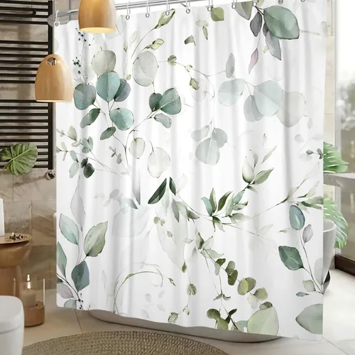Miniatura 8 de Cortina de ducha de eucalipto verde salvia Velaequezii con plantas de acuarela, hojas botánicas de primavera impresas, cortina de baño impermeable