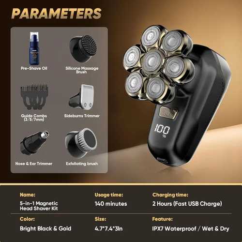 Miniatura 6 de Afeitadoras de cabeza para hombres calvos, maquinilla de afeitar eléctrica con cabezales magnéticos 7D, kit de recortadora de cabeza calva Negro