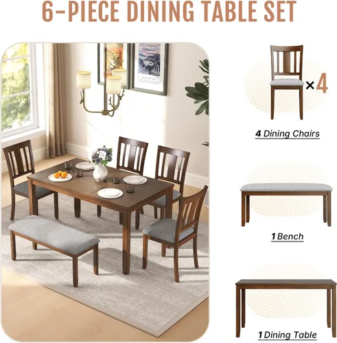Miniatura 4 de Zevemomo Juego de mesa de comedor de madera maciza de 6 piezas, incluye 1 mesa de comedor, 4 sillas tapizadas y 1 banco, juego de mesa de comedor